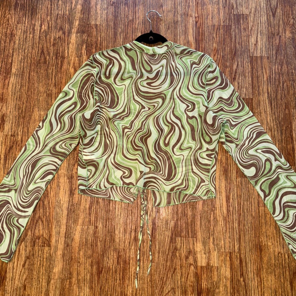 H&M Crop Top Blouse Long Sleeve Tie Front Green Brown Swirl Mesh L Forest Fairy - Picture 4 of 8